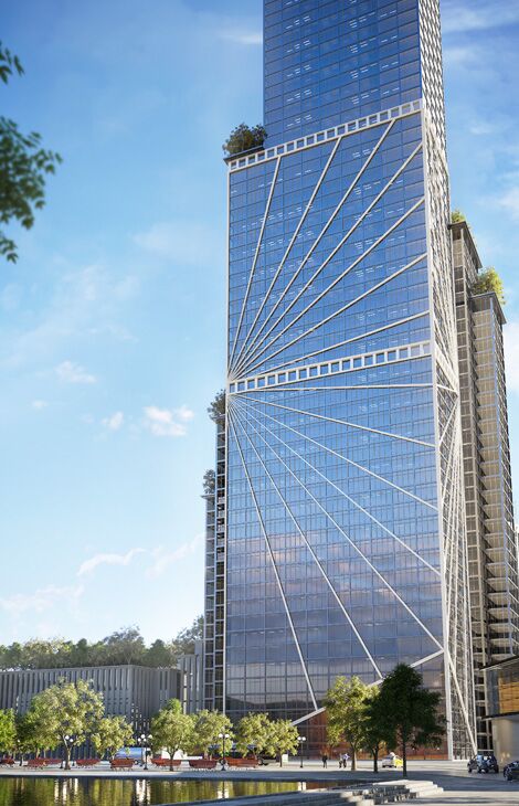 Render of modern skyscraper featuring Reynaers Aluminium façade solutions.